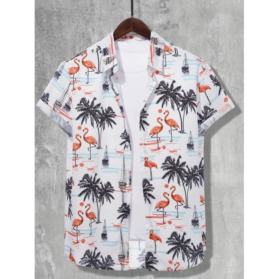 Men's Shirt Top, Flamingo & Coconut Tree Print, Camp Collar Bowling Shirts Short Sleeve Closure Summer Hawaiian Shirt Male Casual Button Up Shirt