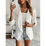 Solid Eyelet Open Front Blazer, Casual Lapel Long Sleeve Outwear For Spring & Fall, Women's Clothing