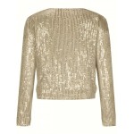 Sequined Solid Jacket, Casual Open Front Crew Neck Long Sleeve Outerwear, Women's Clothing