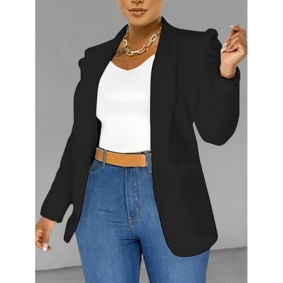Elegant Solid Open Front Blazer with Long Sleeves for Women - Stylish Work Office Outerwear