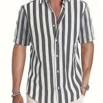 Men's Shirt Top, Vertical Striped Lapel Short Sleeves Closure Summer Male Casual Button Up Shirt For Daily Vacation Resorts Beach Shirts For Men